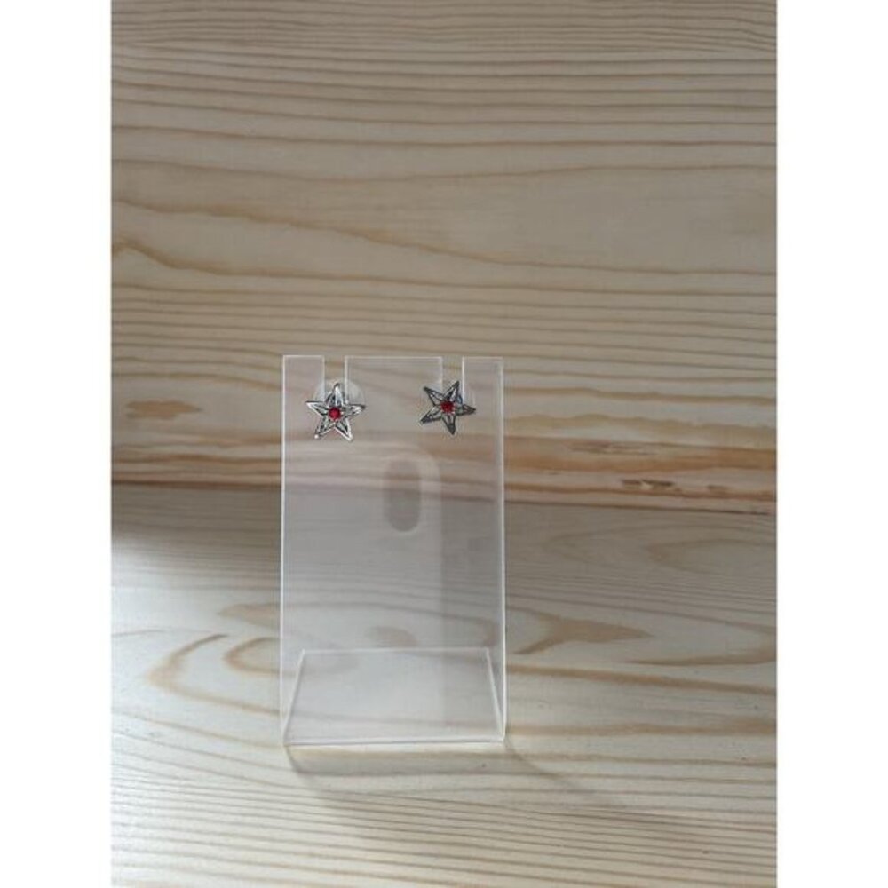 Star-Shaped Silver Stud Earrings With Red Gemstone Accent